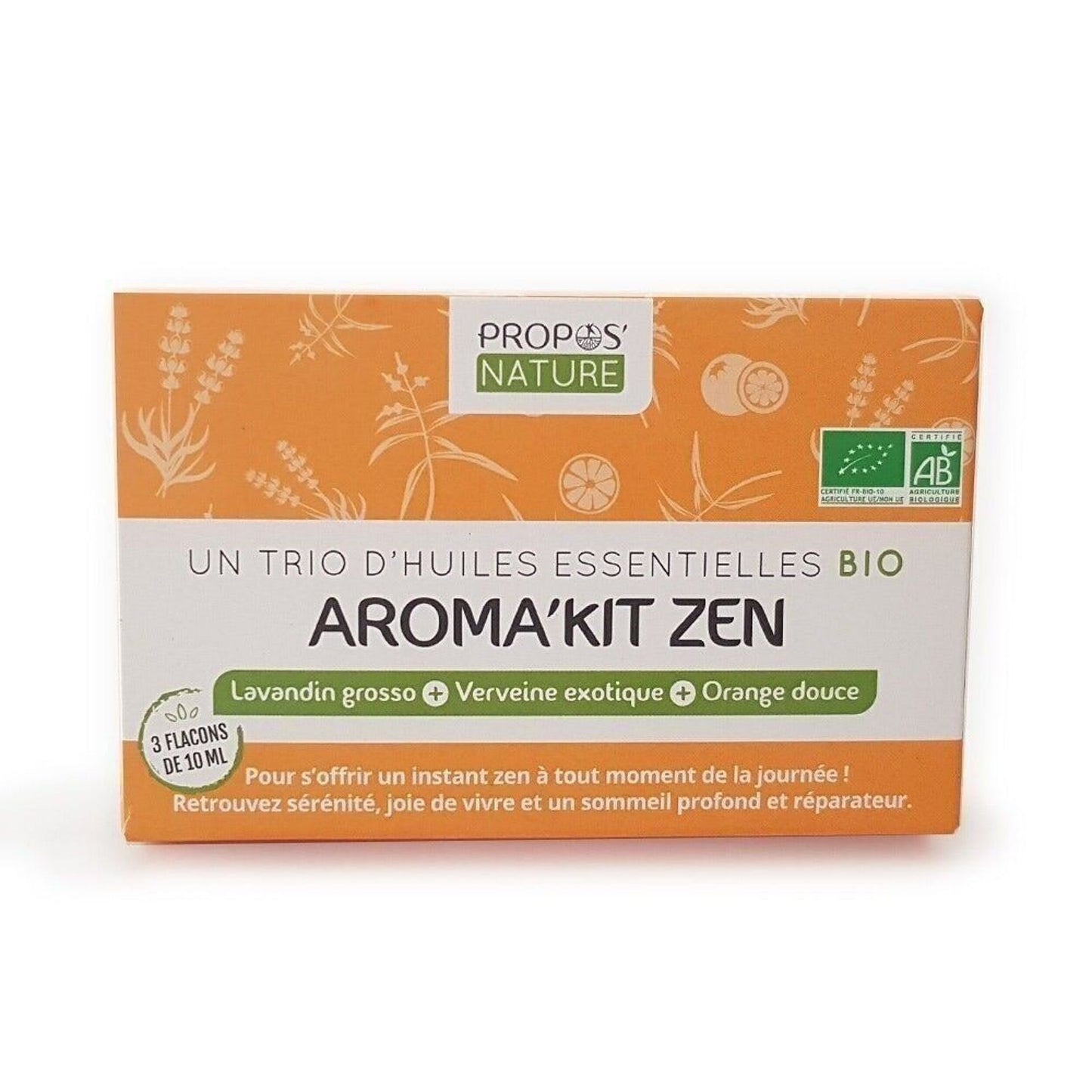 Aromakit Zen- 3 Huiles Essentielles Bio- Lavandin Grosso, Verveine Exotique et Orange Douce