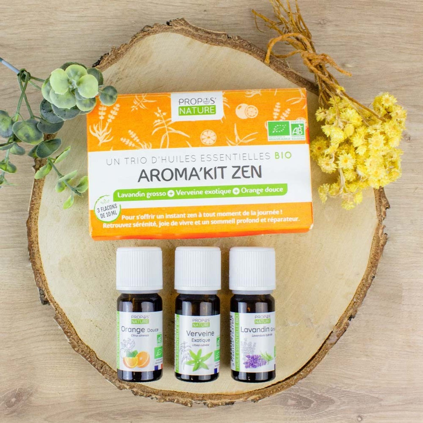 Aromakit Zen- 3 Huiles Essentielles Bio- Lavandin Grosso, Verveine Exotique et Orange Douce