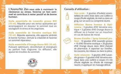 Aromakit Zen- 3 Huiles Essentielles Bio- Lavandin Grosso, Verveine Exotique et Orange Douce